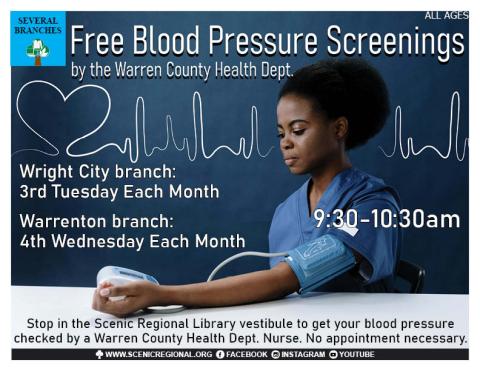 Free Blood Pressure Screenings by Warren County Health Dept.